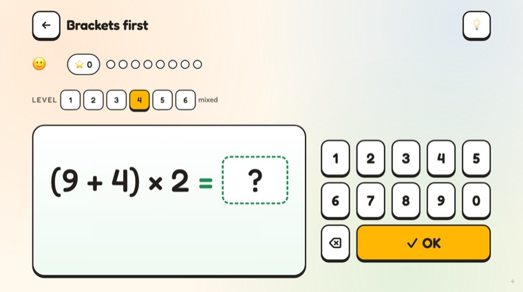 The brackets game on an iPad held sideways: (9 + 4) × 2 with the number pad beside it